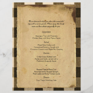 Rustic Country Black Sepia Checks Wedding Menu