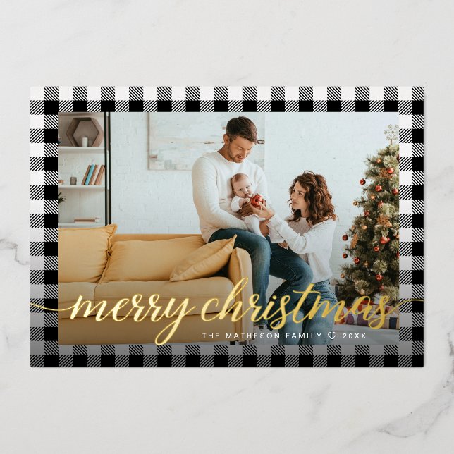 Rustic Country black white plaid photo Christmas Foil Holiday Card (Front)