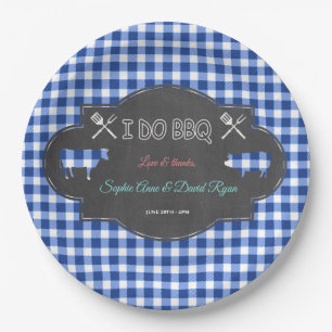 Rustic Country Blue Gingham Chalk I DO BBQ Paper Plate