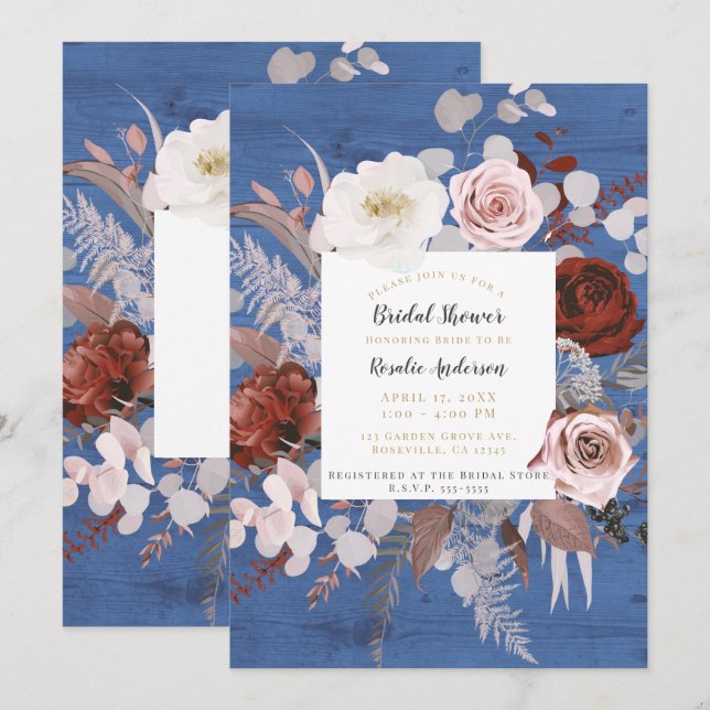 Rustic Country Blue Wood Floral Bloom Bridal Showe Invitation (Front/Back)