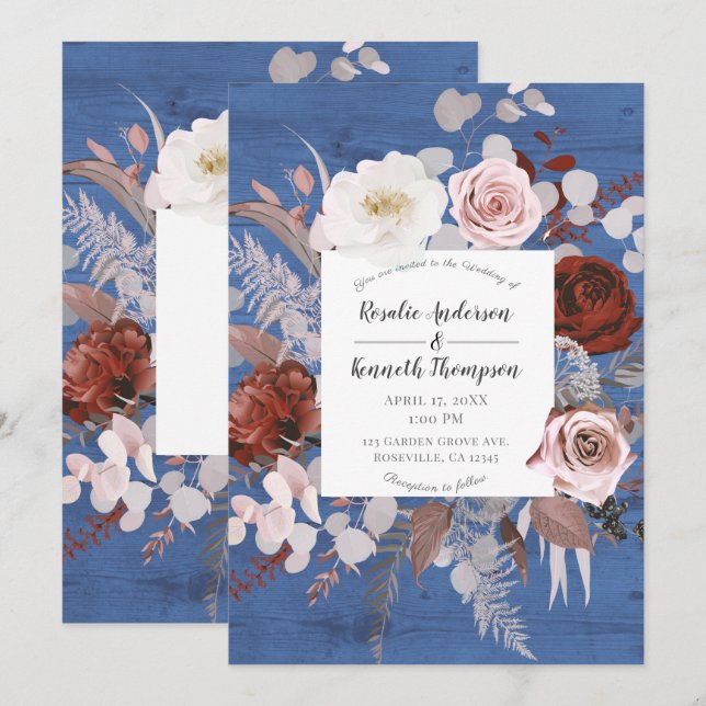 Rustic Country Blue Wood Floral Bloom Wedding Invitation (Front/Back)