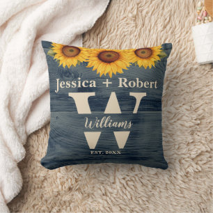 Rustic Country Blue Wood Grain Sunflower Throw Pillow
