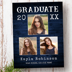 Rustic Country Blue Wood Print 3 Photo Graduation Postcard
