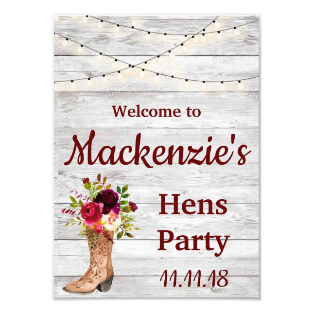 Rustic Country Boho Hens Party Marsala WelcomeSign Photo Print (Front)