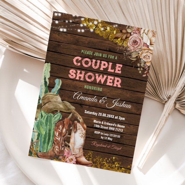 Rustic Country Boots Couple's Shower Wood Floral Invitation (Creator Uploaded)