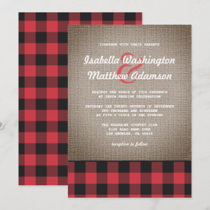 Rustic Country Buffalo Plaid & Burlap Wedding Invitation
