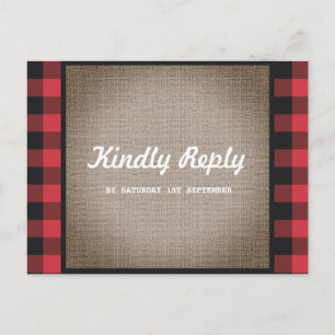 Rustic Country Buffalo Plaid & Burlap Wedding RSVP Invitation Postcard