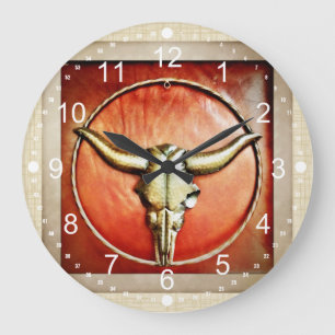 Rustic Country Bull Horns Faux Leather Design Large Clock