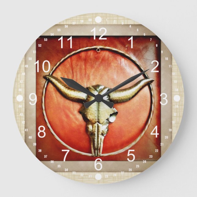 Rustic Country Bull Horns Faux Leather Design Large Clock (Front)
