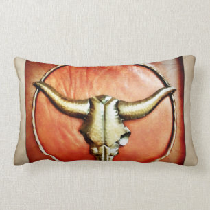 Rustic Country Bull Horns Faux Leather Design Lumbar Pillow