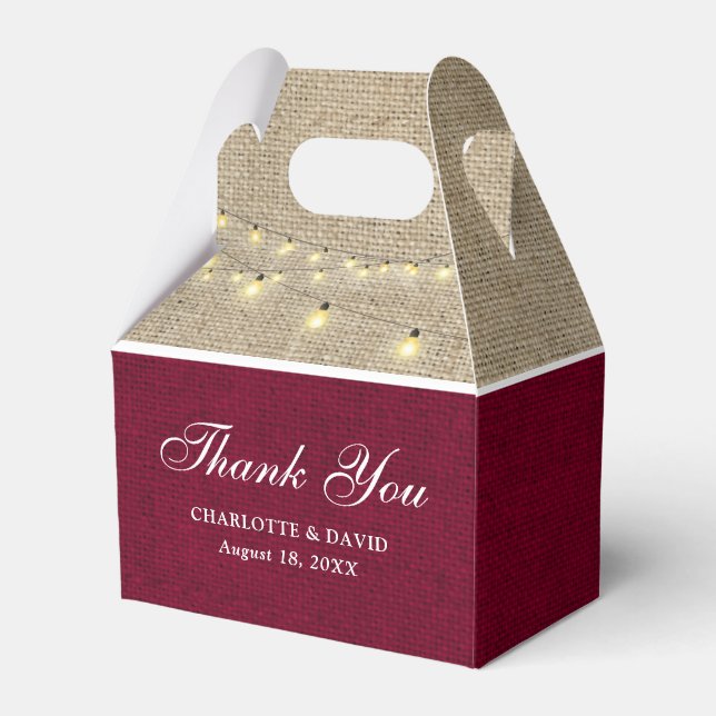 Rustic Country Burgundy Burlap Wedding Thank You Favor Box (Front Side)