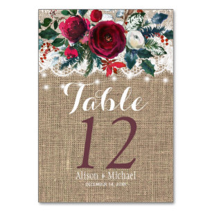 Rustic country burgundy peony wedding table number