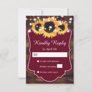Rustic Country Burgundy Wood Sunflower Wedding RSVP Card