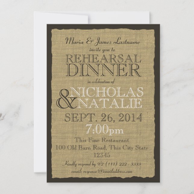 Rustic Country Burlap 5x7 Rehearsal Dinner Invitation (Front)