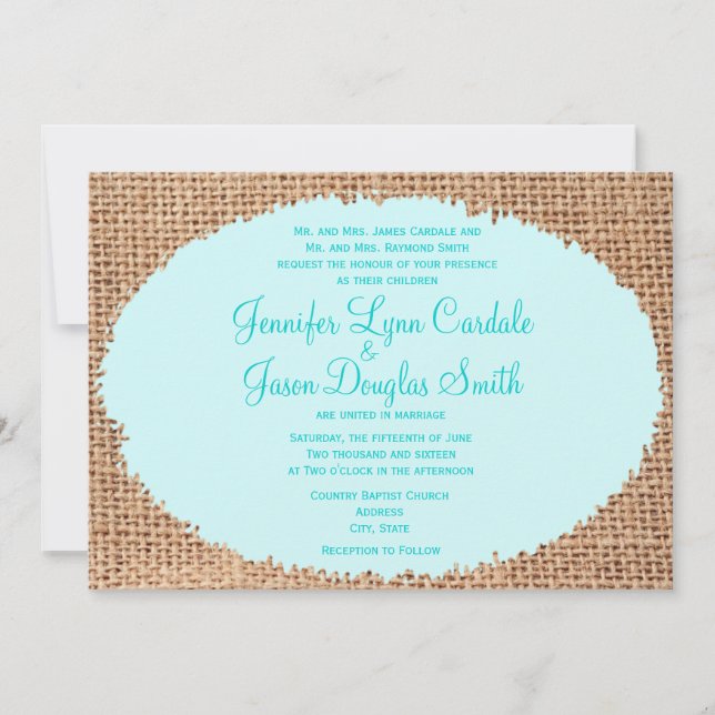 Rustic Country Burlap Blue Wedding Invite (Front)