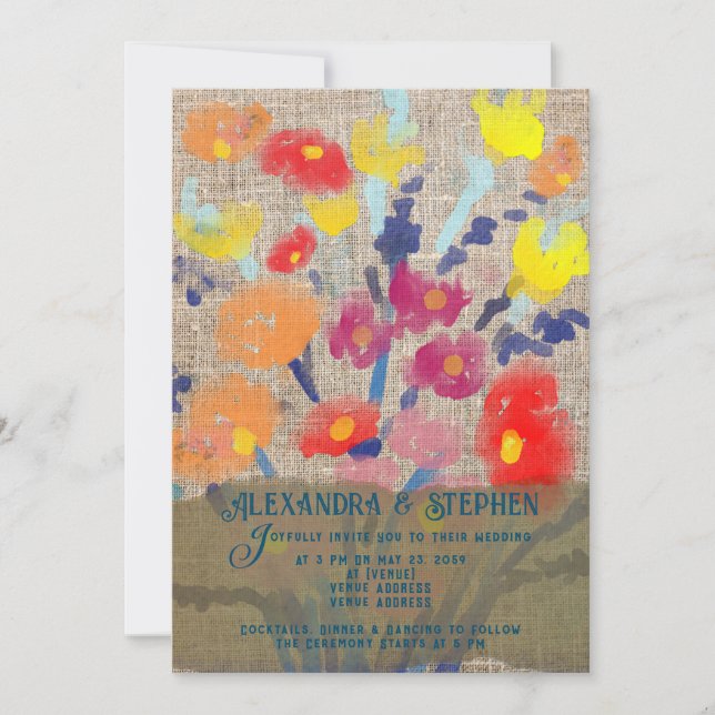 Rustic Country Burlap Bohemian Wildflower Wedding Invitation (Front)