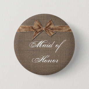 Rustic Country   Burlap Bow Maid of Honour 2 Inch Round Button