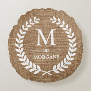 Rustic Country Burlap Chic Laurel Wreath Monogram Round Pillow