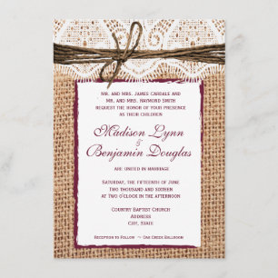 Rustic Country Burlap Cranberry Wedding Invite