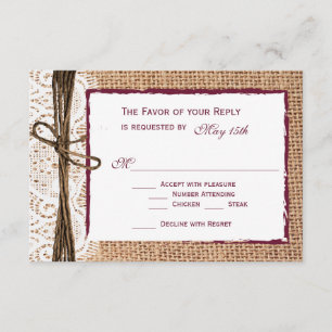 Rustic Country Burlap Cranberry Wedding RSVP Cards