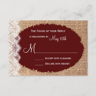 Rustic Country Burlap Lace Red Wedding RSVP Card