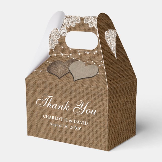 Rustic Country Burlap Lace String Lights Wedding Favor Box (Front Side)