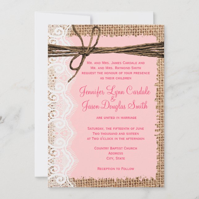 Rustic Country Burlap Lace Twine Wedding Invites (Front)