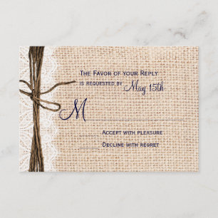 Rustic Country Burlap Lace Twine Wedding RSVP Navy