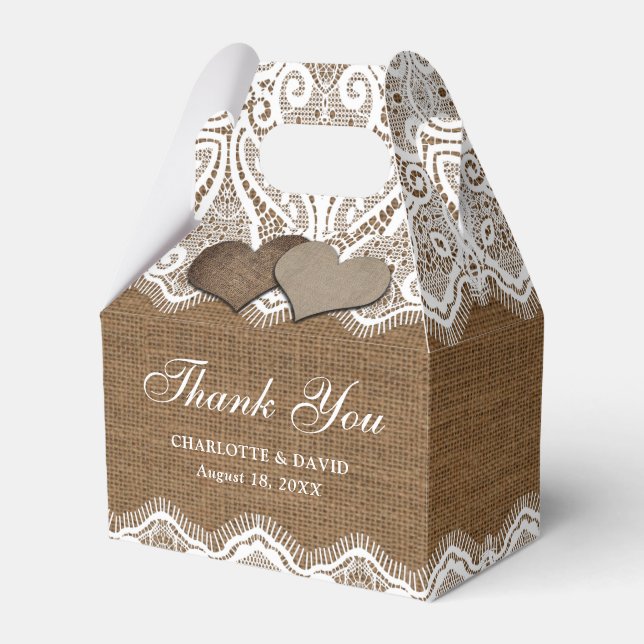 Rustic Country Burlap Lace Wedding Favor Box (Front Side)