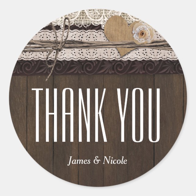 Rustic Country Burlap Lace & Wood Favour Sticker (Front)
