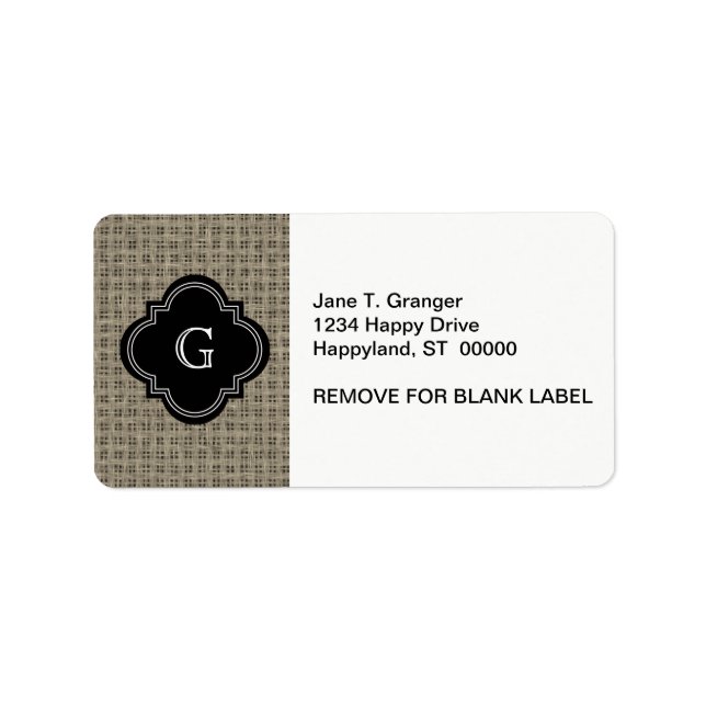 Rustic Country Burlap Look, Black Monogram Label (Front)