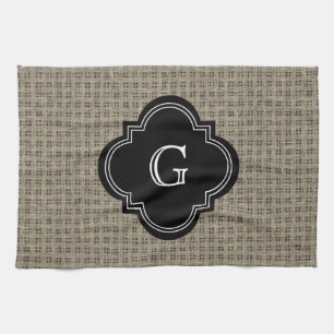 Rustic Country Burlap Look, Black Monogram Label Kitchen Towel