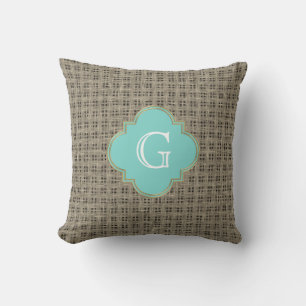 Rustic Country Burlap Look, Turquoise Monogram Throw Pillow