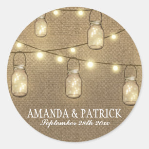 Rustic Country Burlap Mason Jar Wedding Favours Classic Round Sticker