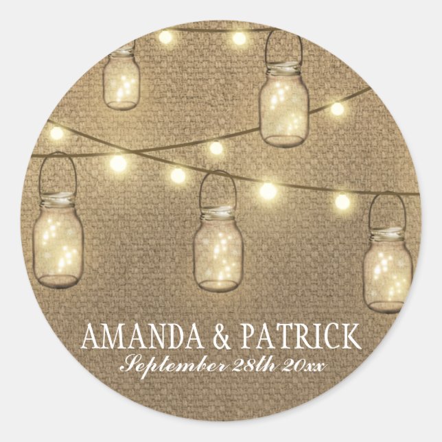 Rustic Country Burlap Mason Jar Wedding Favours Classic Round Sticker (Front)