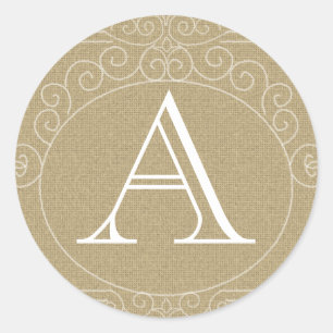 Rustic Country Burlap Monogram Wedding Favour Classic Round Sticker
