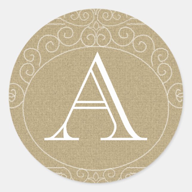 Rustic Country Burlap Monogram Wedding Favour Classic Round Sticker (Front)