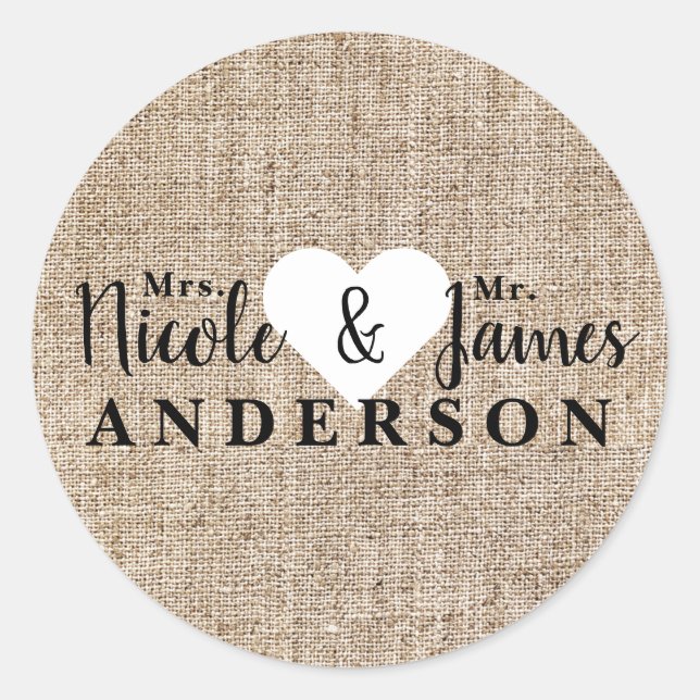 Rustic Country Burlap Personalized Wedding Favour Classic Round Sticker (Front)