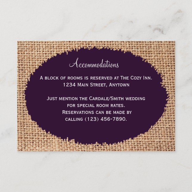 Rustic Country Burlap Purple Accommodations Cards (Front)