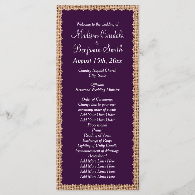 Rustic Country Burlap Purple Wedple Programmes (Devant)