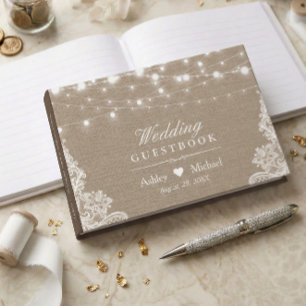Rustic Country Burlap String Lights Lace Wedding Guest Book