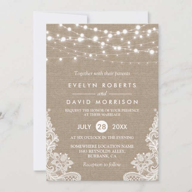 Rustic Country Burlap String Lights Lace Wedding Invitation (Front)