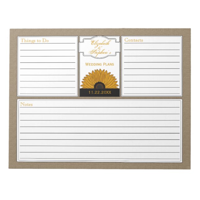.Rustic Country Burlap Sunflower Wedding Planner Notepad (Front)