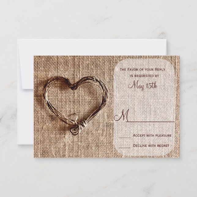 Rustic Country Burlap Twine Heart Wedding RSVP Card (Front)
