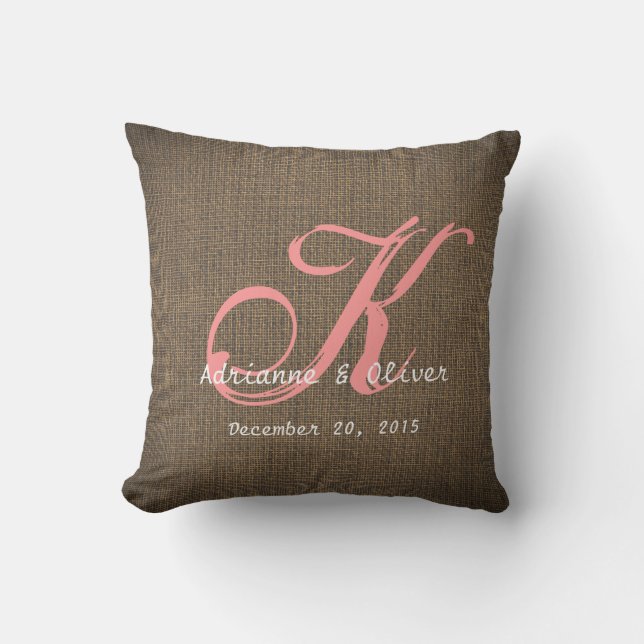 Rustic Country Burlap Wedding Monogram Keepsake Throw Pillow (Front)