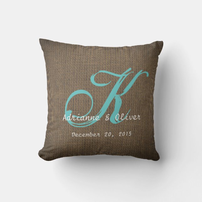 Rustic Country Burlap Wedding Monogram Keepsake Throw Pillow (Front)