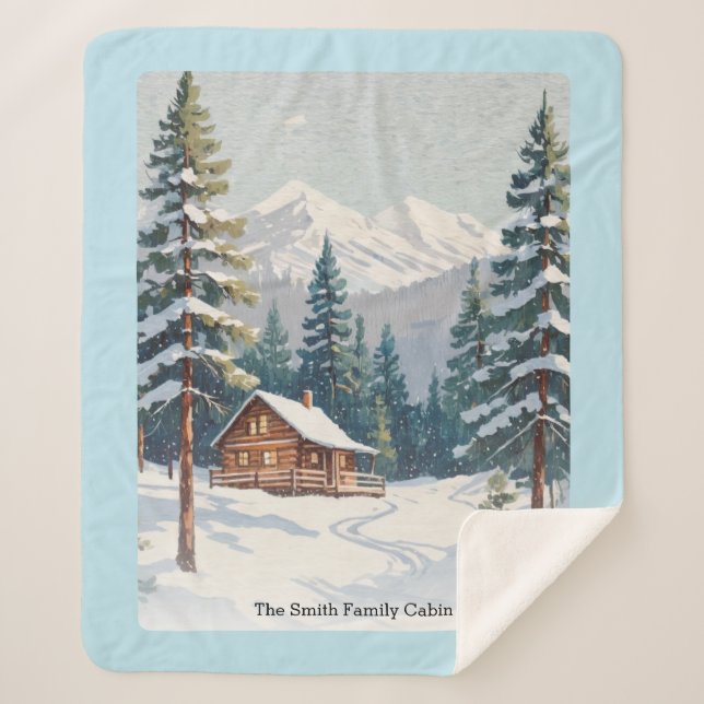 Rustic Country Cabin Snow Scene Mountains Blue Sherpa Blanket (Front)