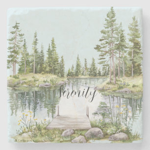 Rustic Country Calm Lake Green Trees Stone Coaster