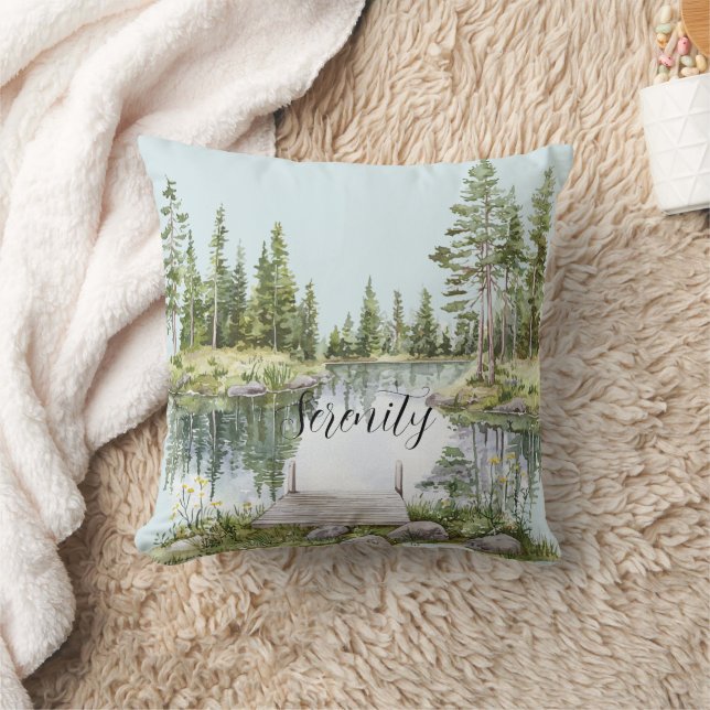 Rustic Country Calm Lake Green Trees Throw Pillow (Blanket)