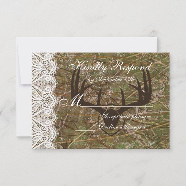 Rustic Country Camo Hunting Antlers Wedding RSVP (Front)